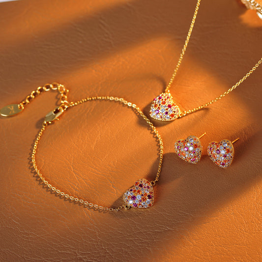 Love necklace bracelet earrings set with pink zircon