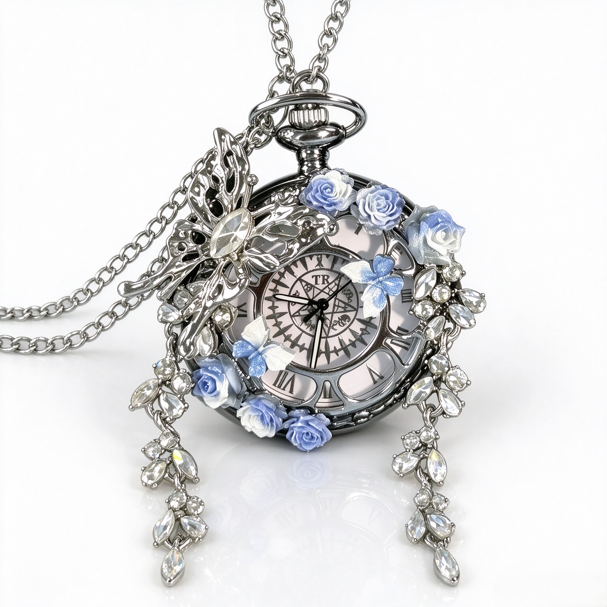Movable Butterfly Pocket Watch, Handmade Floral Quartz Pocket Watch Necklace