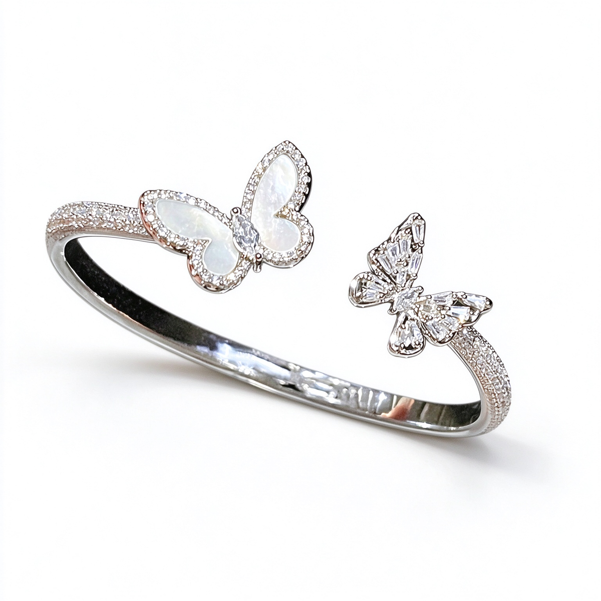 Zircon Mother-of-Pearl Butterfly Open Bangle Bracelet