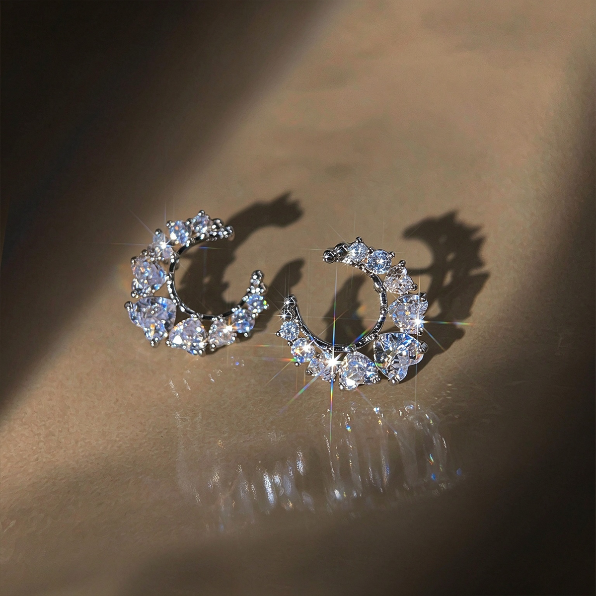 Moon Earrings with Inlaid Zircon