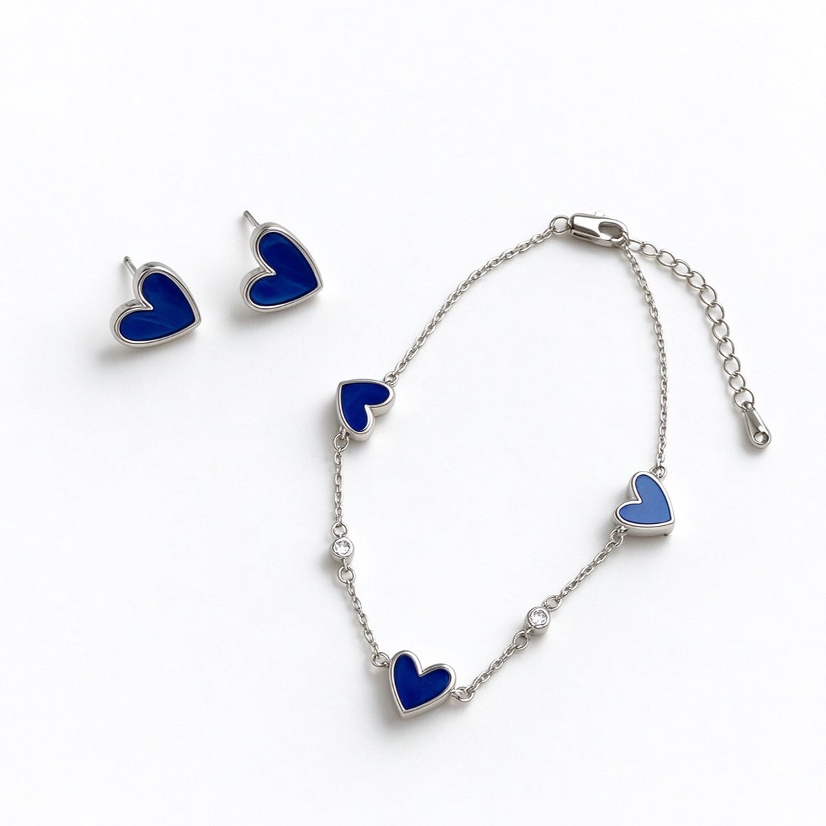Klein Blue Heart Stud Earrings with S925 Silver Posts, Bracelet