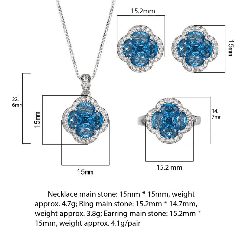 Blue pointed crystal four-leaf clover necklace ring earrings set