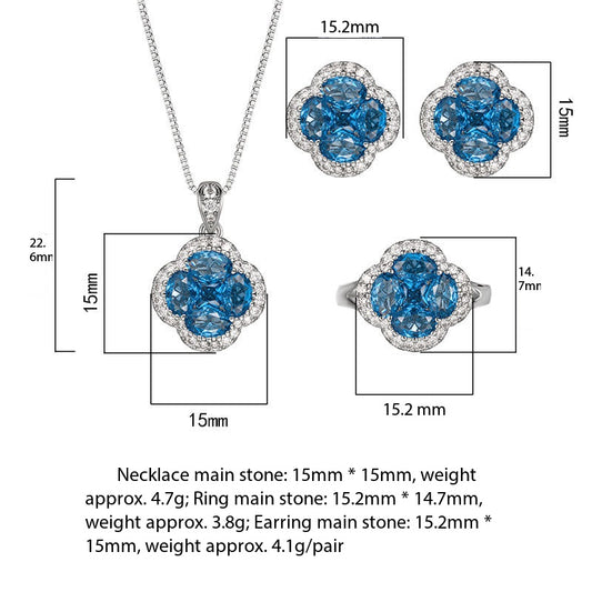 Blue spinel crystal four-leaf clover necklace ring earrings set