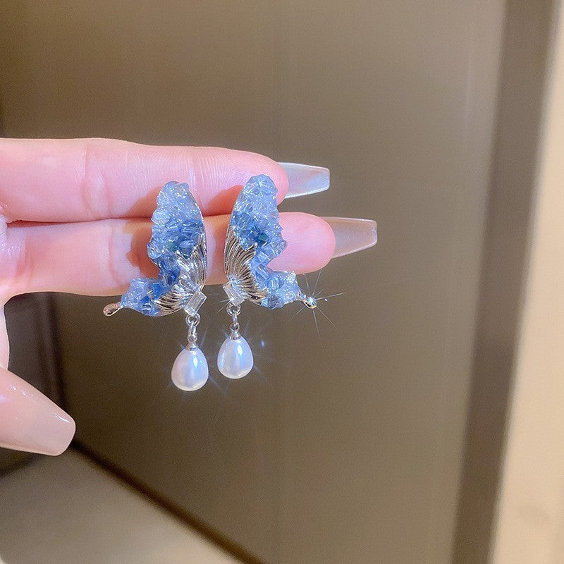 Silver needle gradient blue butterfly flower earrings