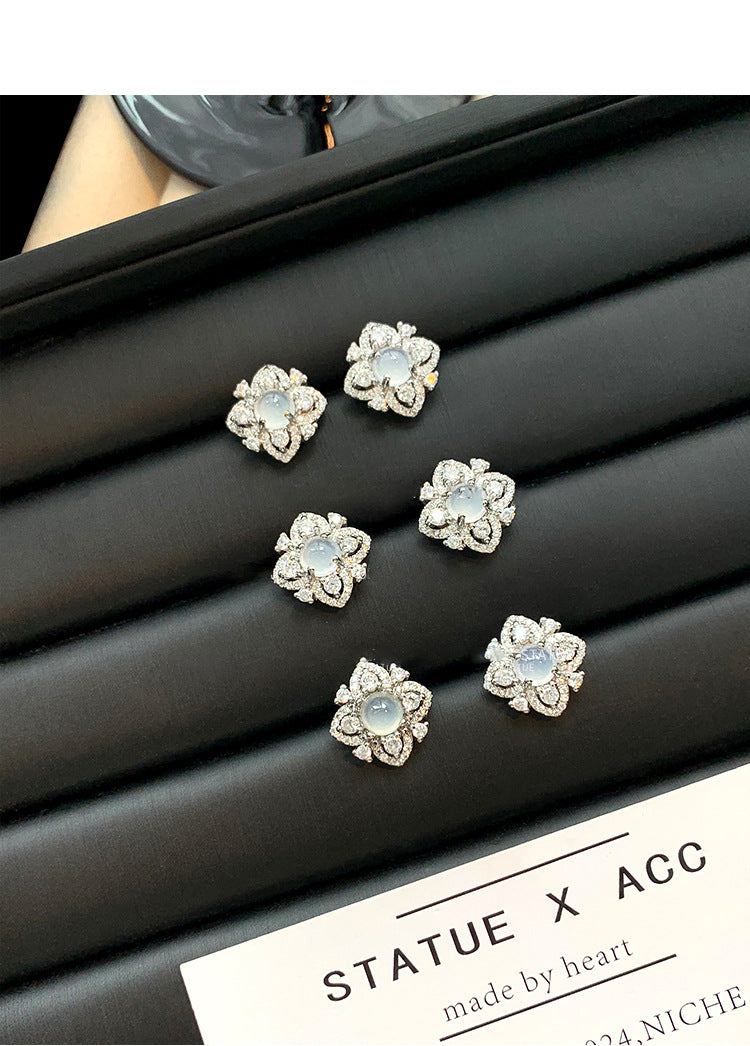 Silver needle zircon flower earrings