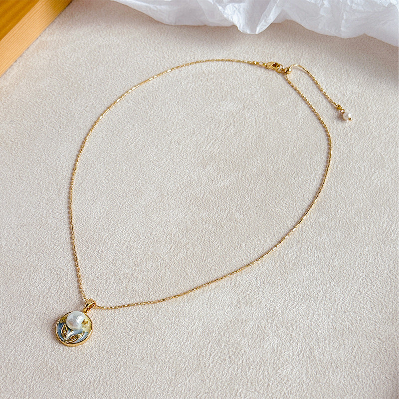 Copper-plated 18k gold oil painting pearl necklace