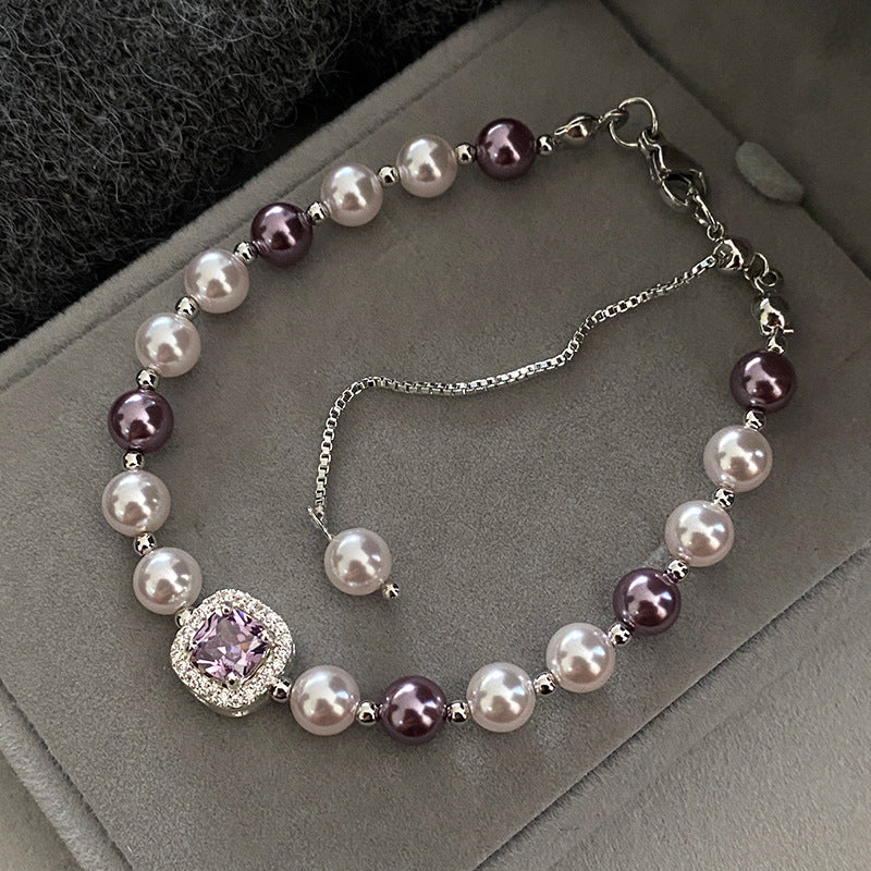 Manta rose Swarovski pearl bracelet inlaid with sugar cube purple zirconium bracelet necklace ring