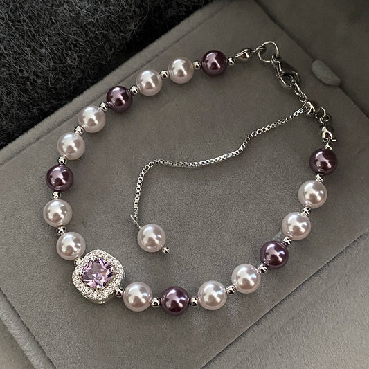 Manta rose Swarovski pearl bracelet inlaid with sugar cube purple zirconium bracelet necklace ring