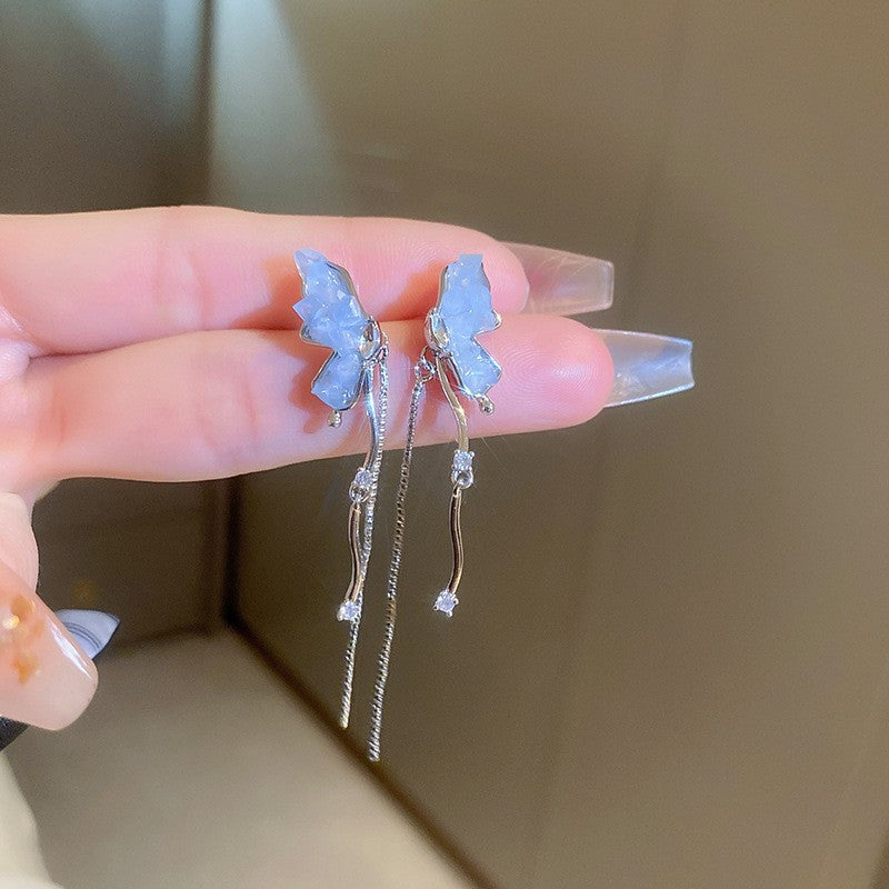 Silver needle gradient blue butterfly flower earrings