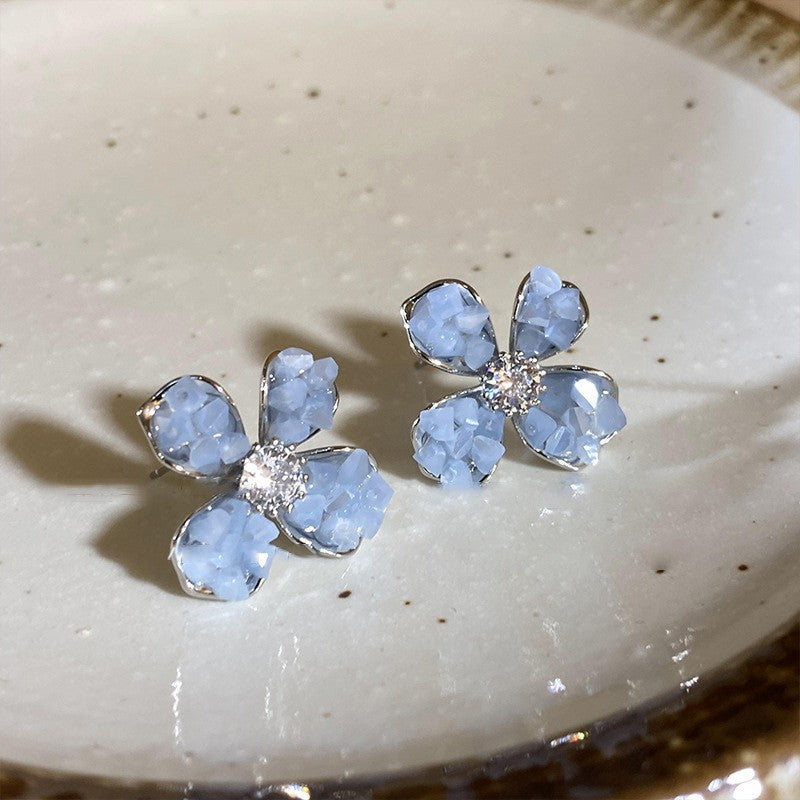 Silver needle gradient blue butterfly flower earrings