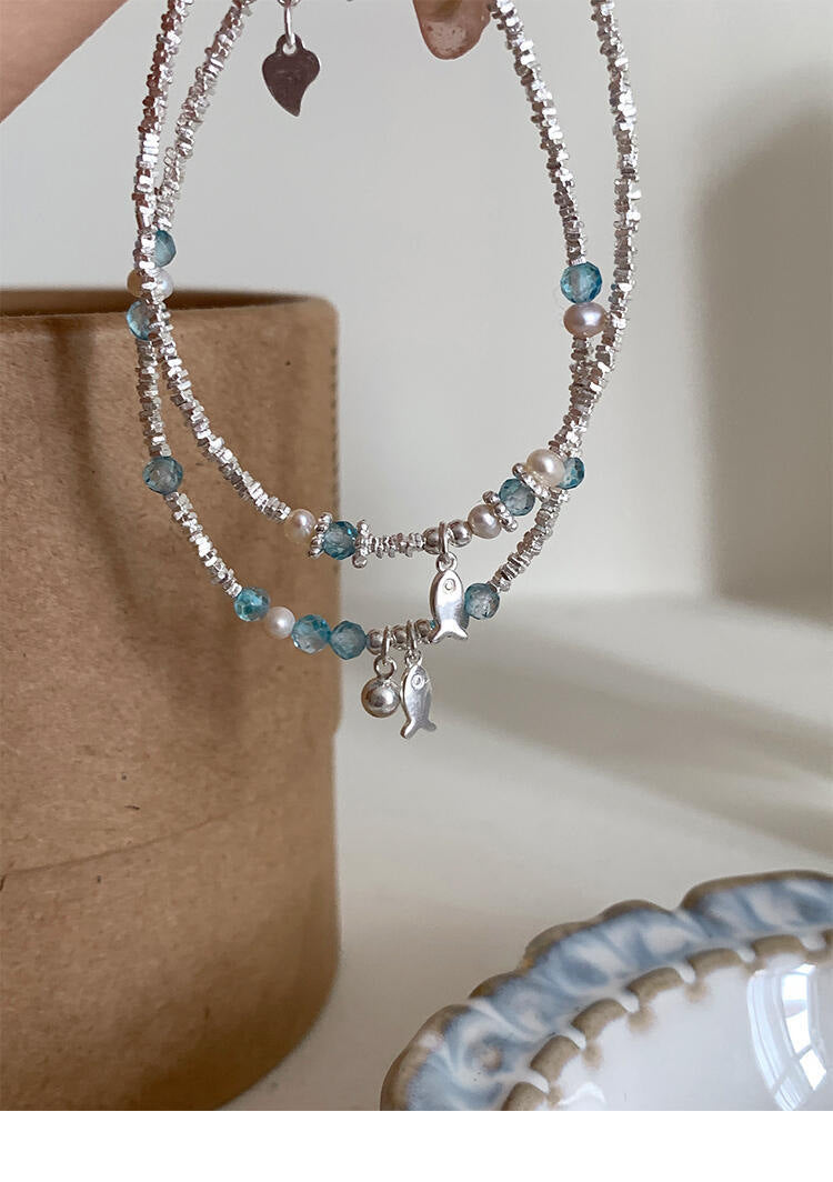 S925 sterling silver blue crystal fish freshwater pearl silver bracelet