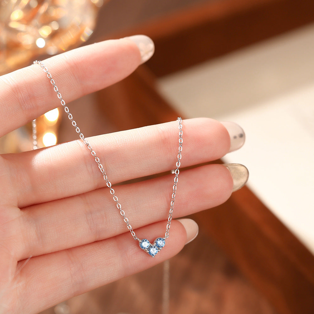 S999 Sterling Silver Blue Zircon V-Shaped Necklace & Stud Earrings