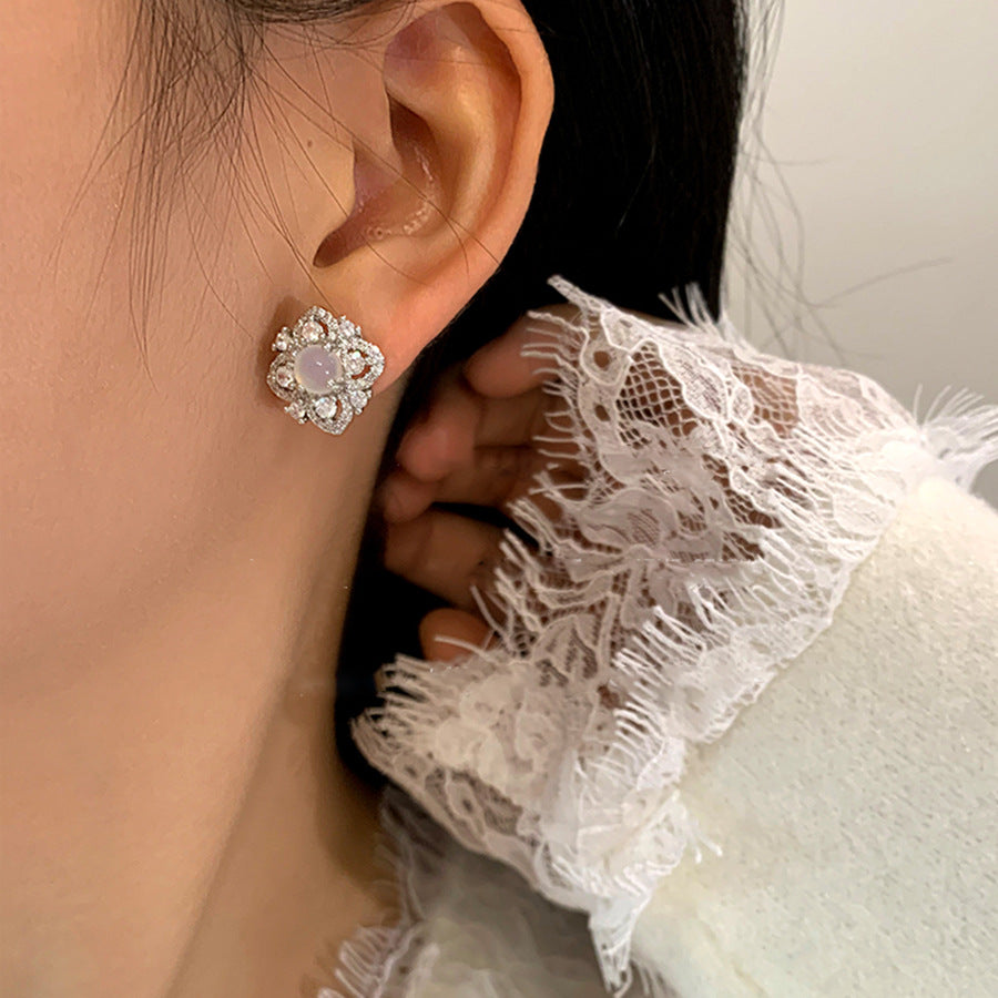 Silver needle zircon flower earrings