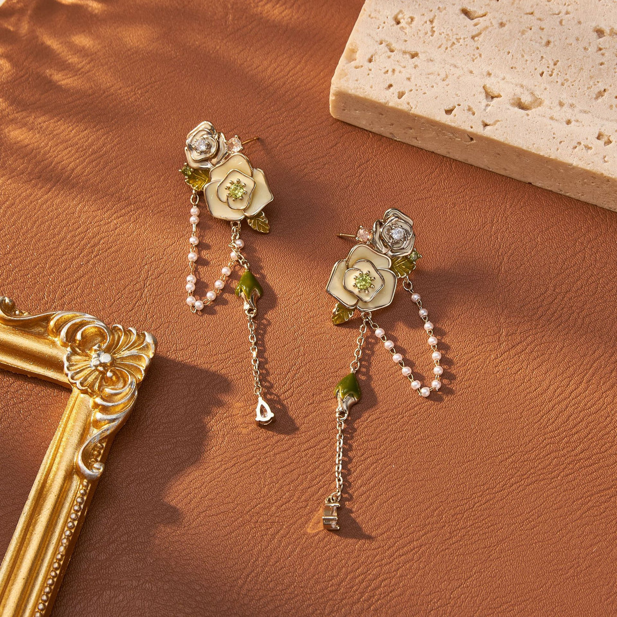 Camellia Rose Dewdrop Zircon Necklace & Earrings
