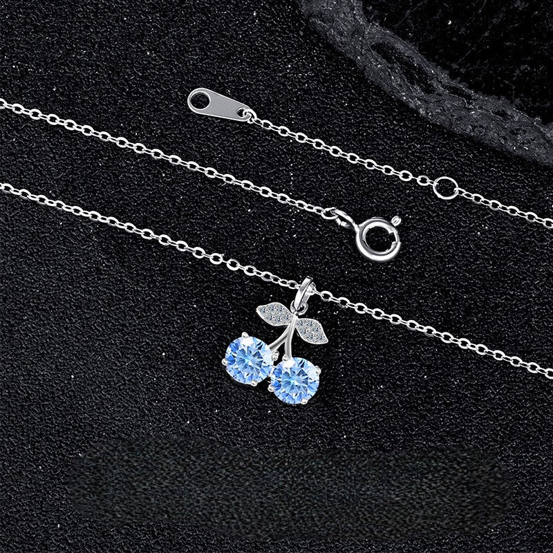 925 Sterling Silver Blue Moissanite Sweet Cherry Pendant Necklace