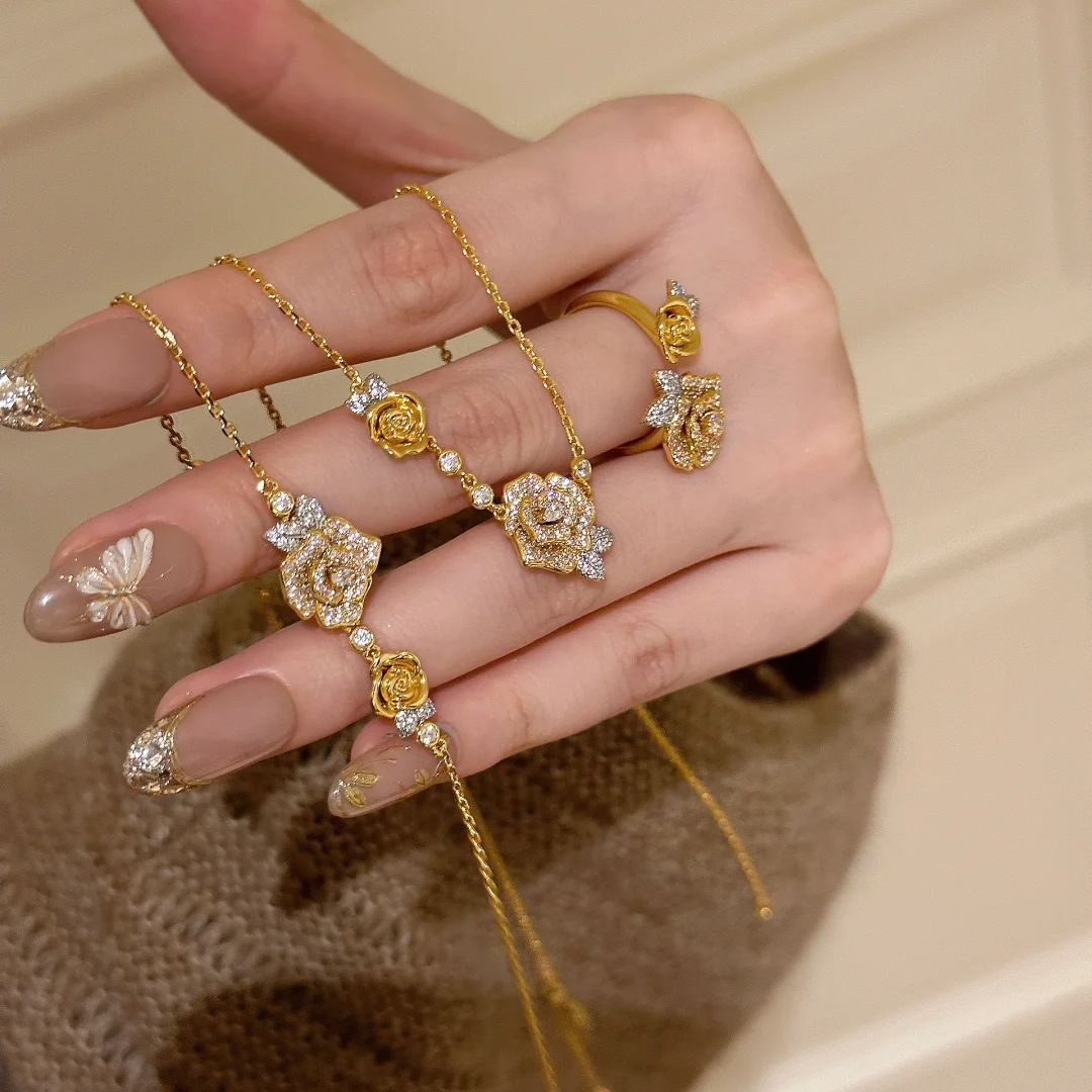 Diamond rose necklace bracelet ring set