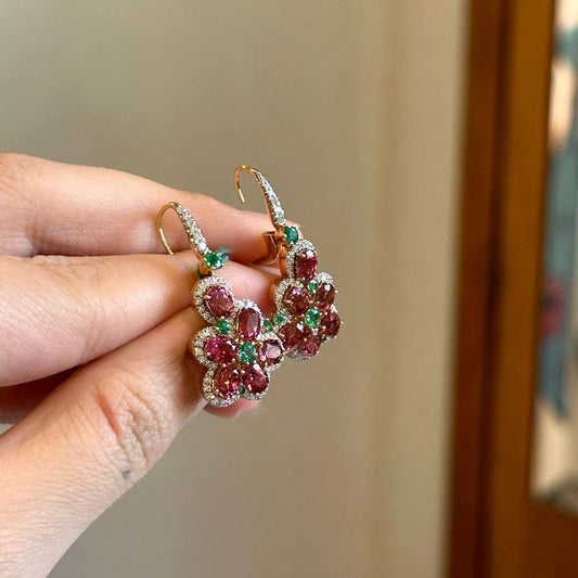 Pomegranate green diamond micro-inlaid zircon flower earrings ring set