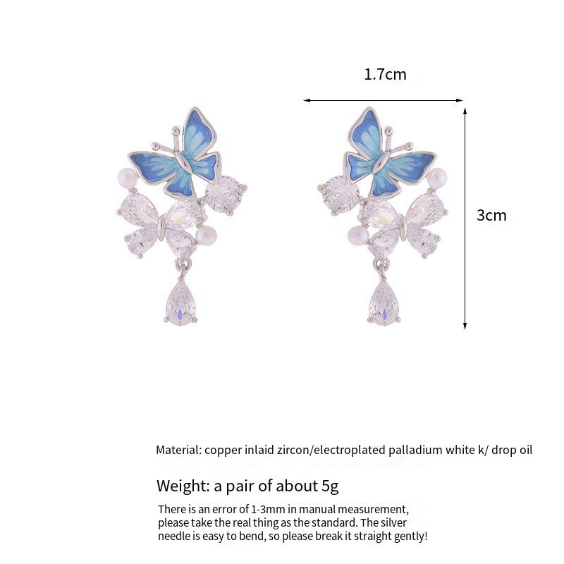 Blue drop butterfly zircon drop pearl earrings
