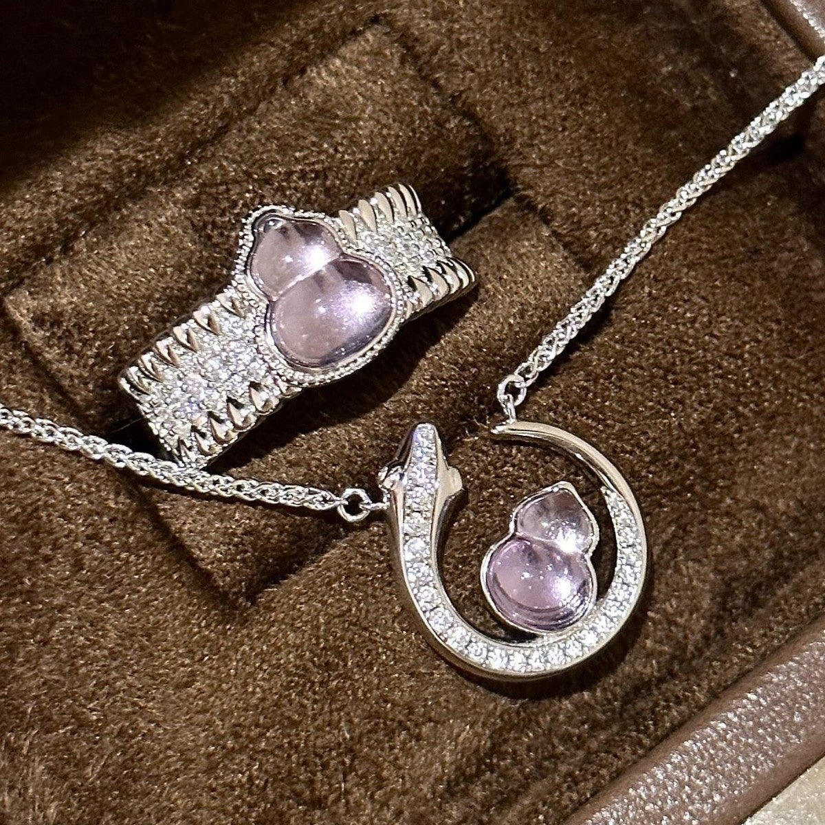 S925 sterling silver Purple Crystal Gourd Moon Necklace Ring