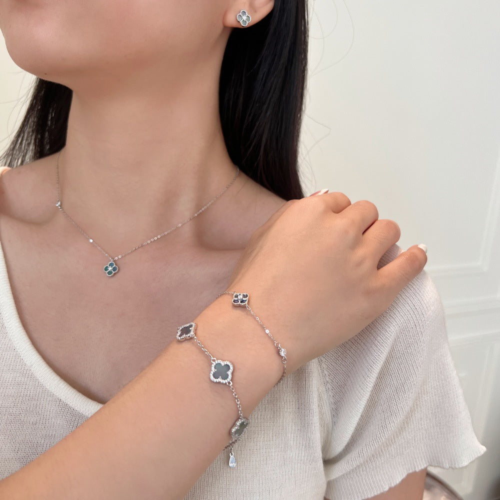 S925 Sterling Silver Four-Leaf Clover Natural Pearly Gray Mother-of-Pearl Round Zircon Bracelet Necklace Earrings