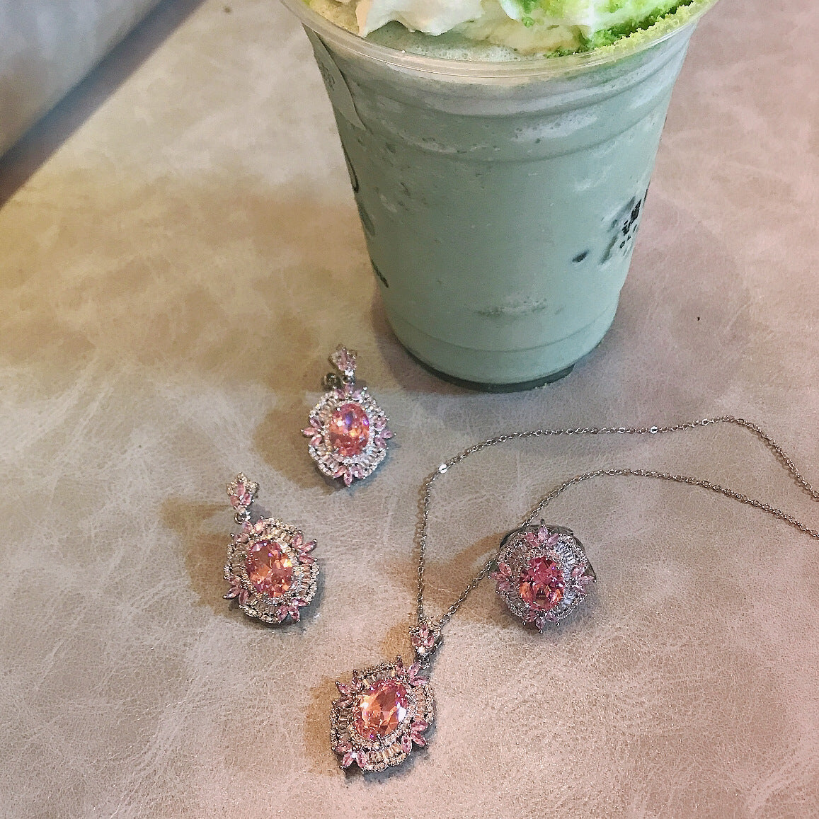 Gold-plated micro-inlaid zirconium diamond ring earrings necklace set