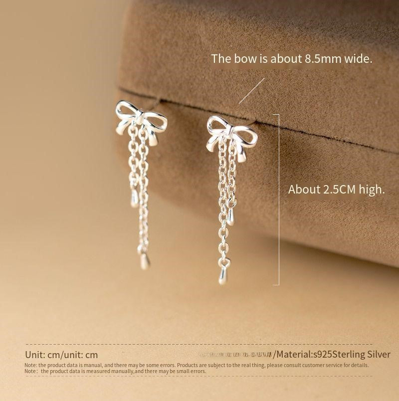 S925 sterling silver bow tassel earrings