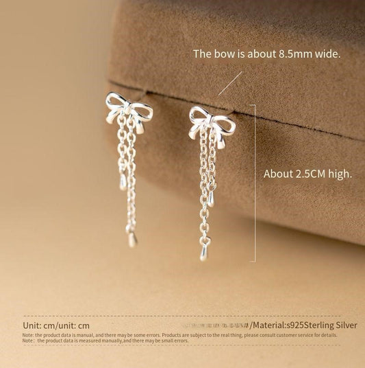S925 sterling silver bow tassel earrings