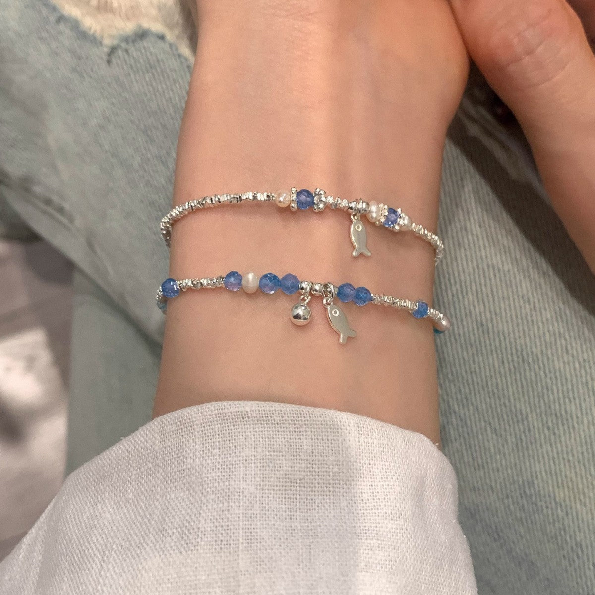 S925 sterling silver blue crystal fish bracelet