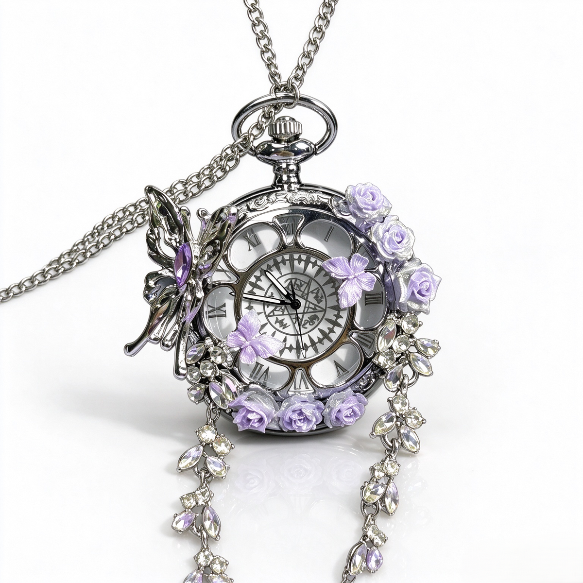 Movable Butterfly Pocket Watch, Handmade Floral Quartz Pocket Watch Necklace