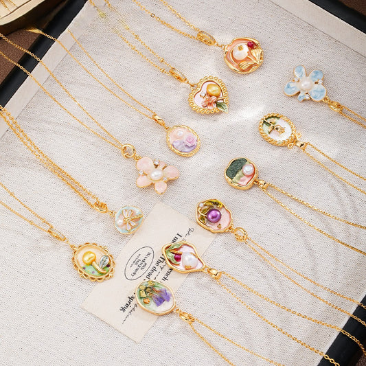 銅メッキ18金油絵パールネックレス