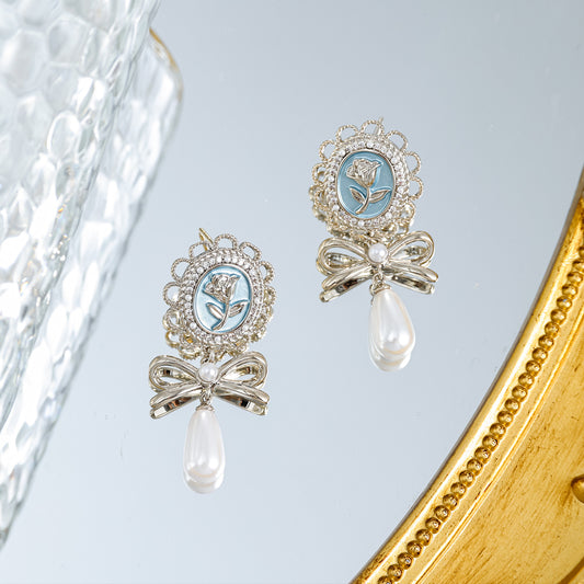 925 silver needle gold-plated zircon oil painting rose pearl earrings