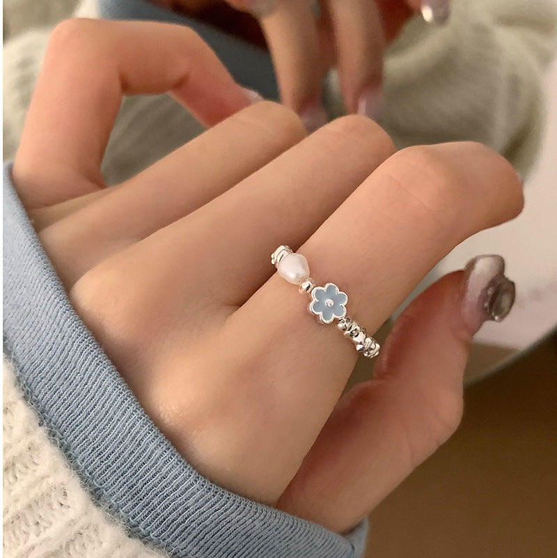 S925 sterling silver glazed flower pearl ring