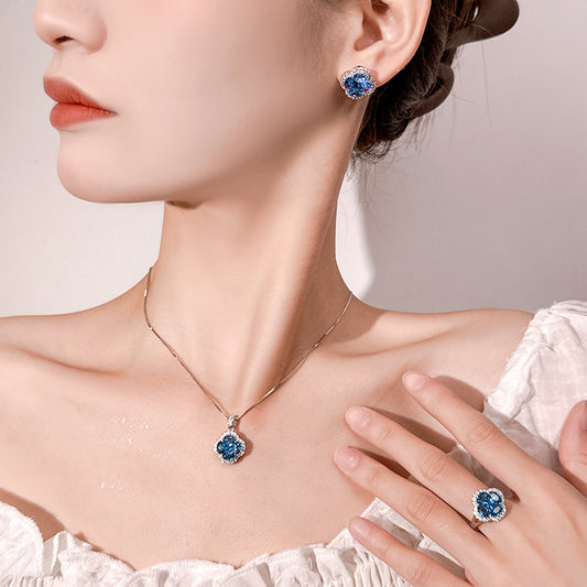 Blue pointed crystal four-leaf clover necklace ring earrings set