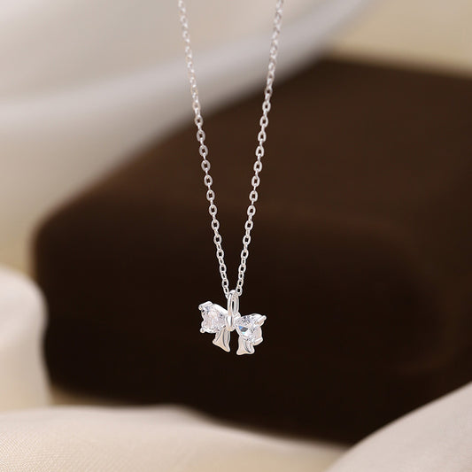 S999 sterling silver zircon bow necklace