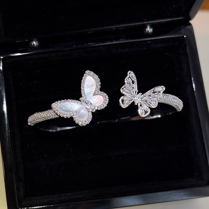 Zircon Mother-of-Pearl Butterfly Open Bangle Bracelet