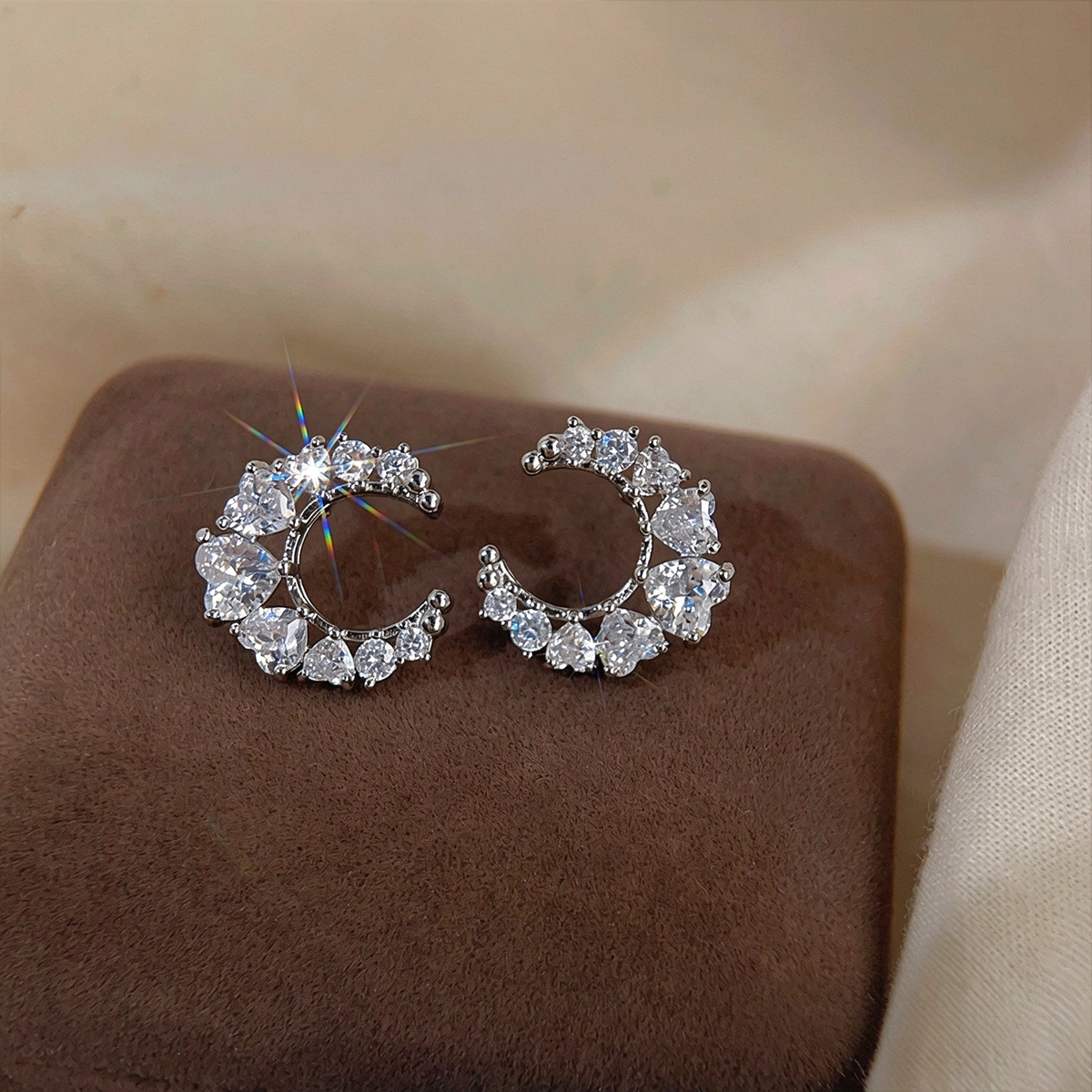 Moon Earrings with Inlaid Zircon