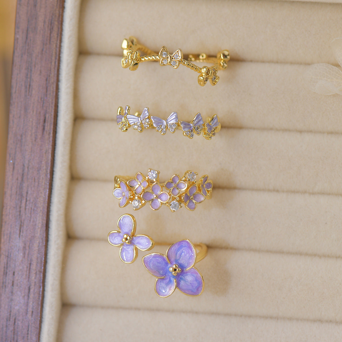 Purple flower dripping zircon butterfly opening ring