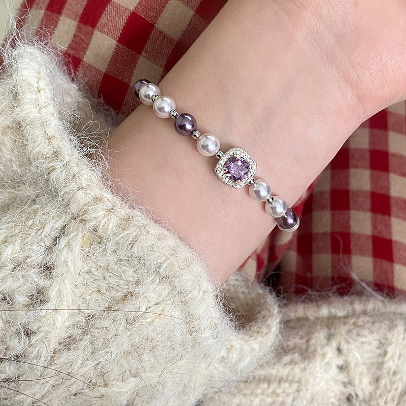 Manta rose Swarovski pearl bracelet inlaid with sugar cube purple zirconium bracelet necklace ring