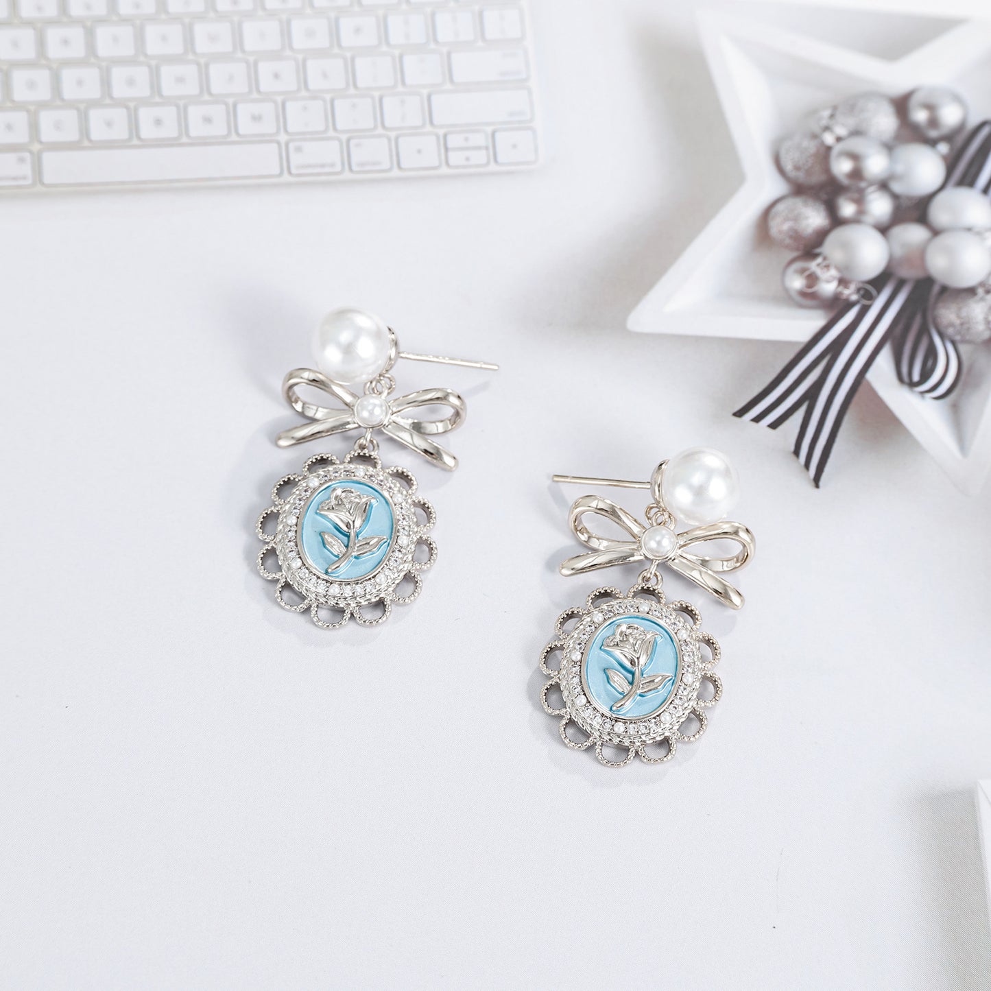 925 silver needle real gold plated pearl bow rose earrings