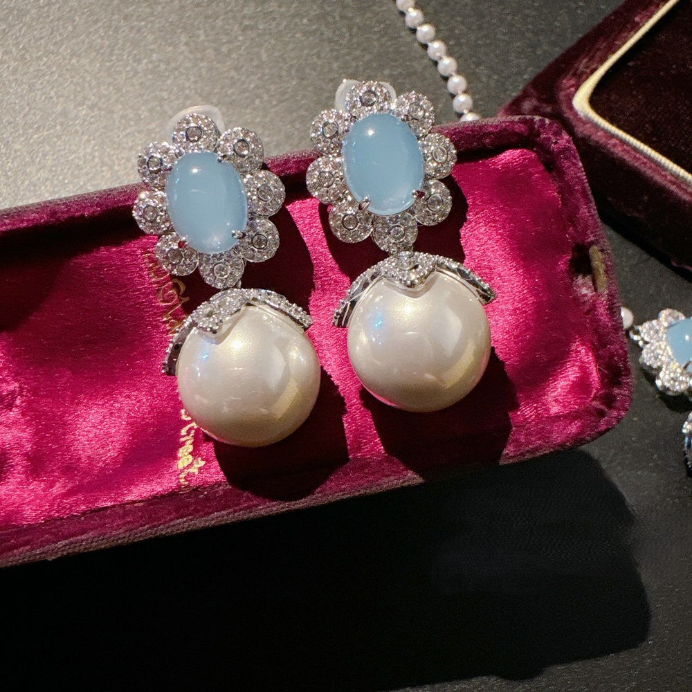 Turkey blue chalcedony deep-sea pearl flower gem pearl necklace bracelet ring earrings set