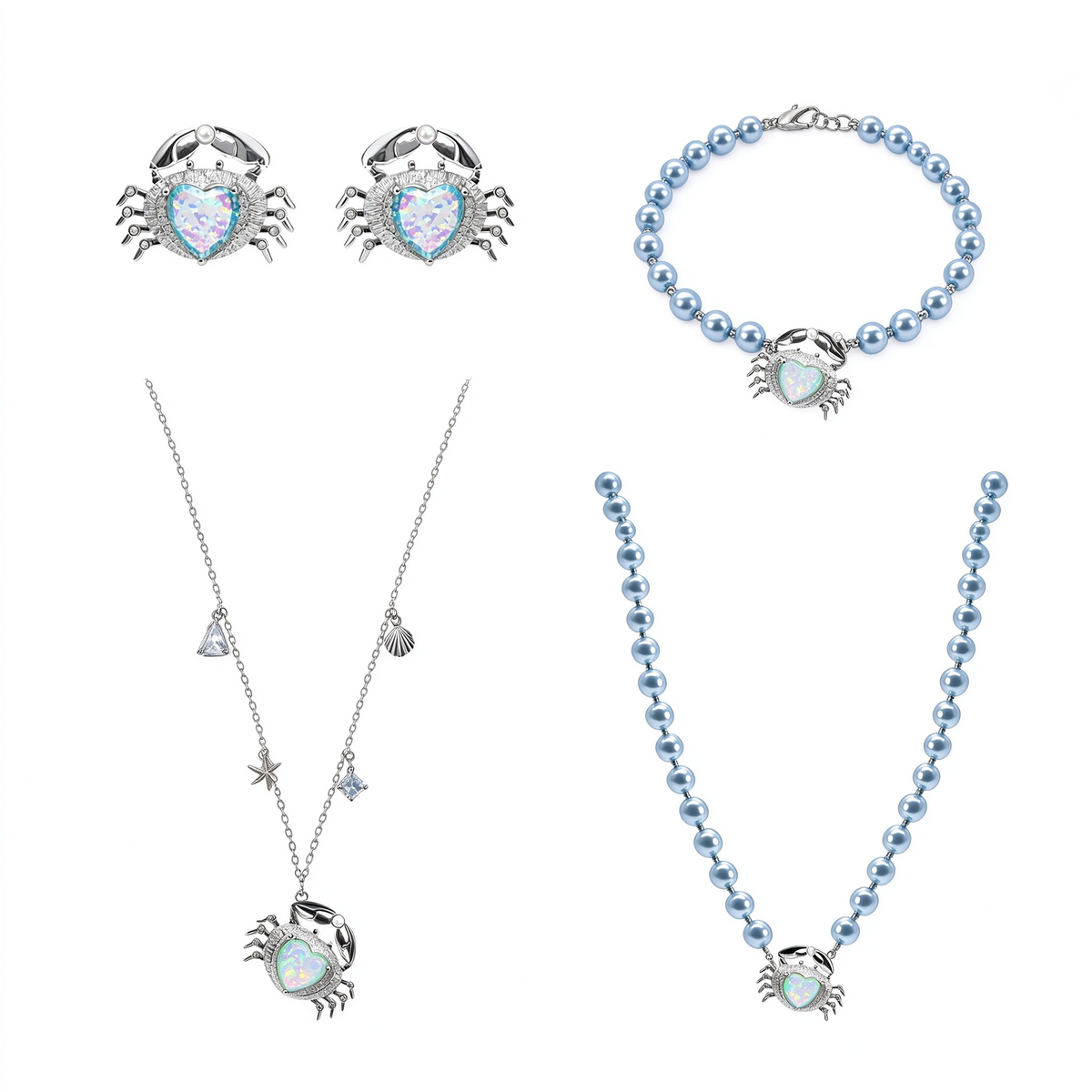 Opal Crab Blue Pearl Heart-Shaped Ocean Necklace Bracelet Stud Earrings