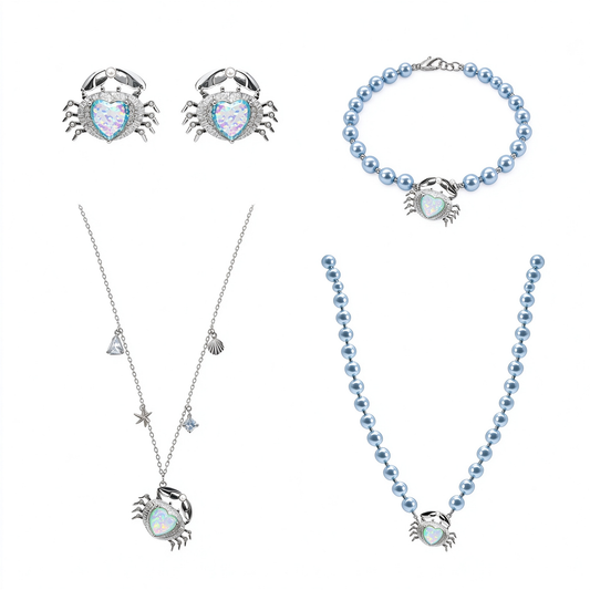 Opal Crab Blue Pearl Heart-Shaped Ocean Necklace Bracelet Stud Earrings