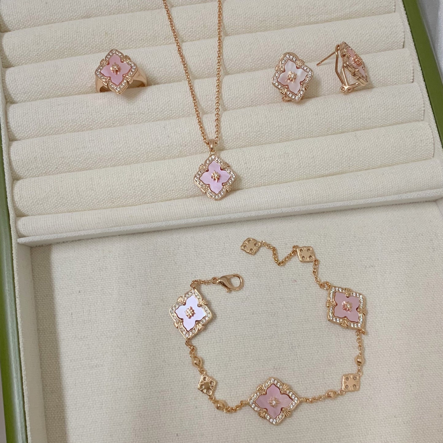 Natural Fritillaria pink clover necklace bracelet ring earrings set