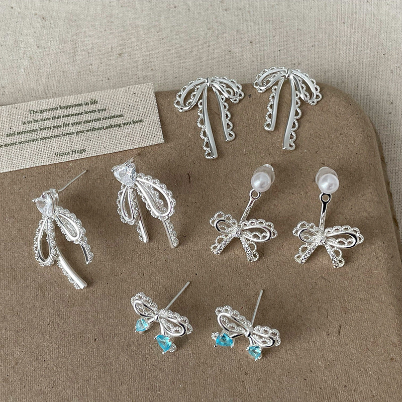Lace metal bow Pearl Earrings