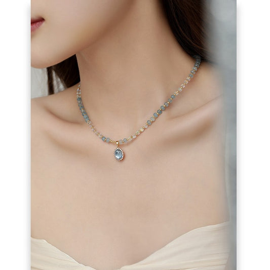 Aquamarine freshwater pearl copper plated gold necklace