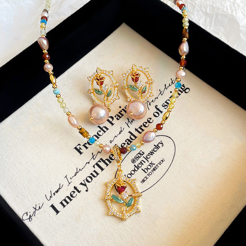 Copper plated 18k gold freshwater pearl zircon rose necklace earrings bracelet set does not fade.