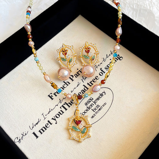 Copper plated 18k gold freshwater pearl zircon rose necklace earrings bracelet set does not fade.