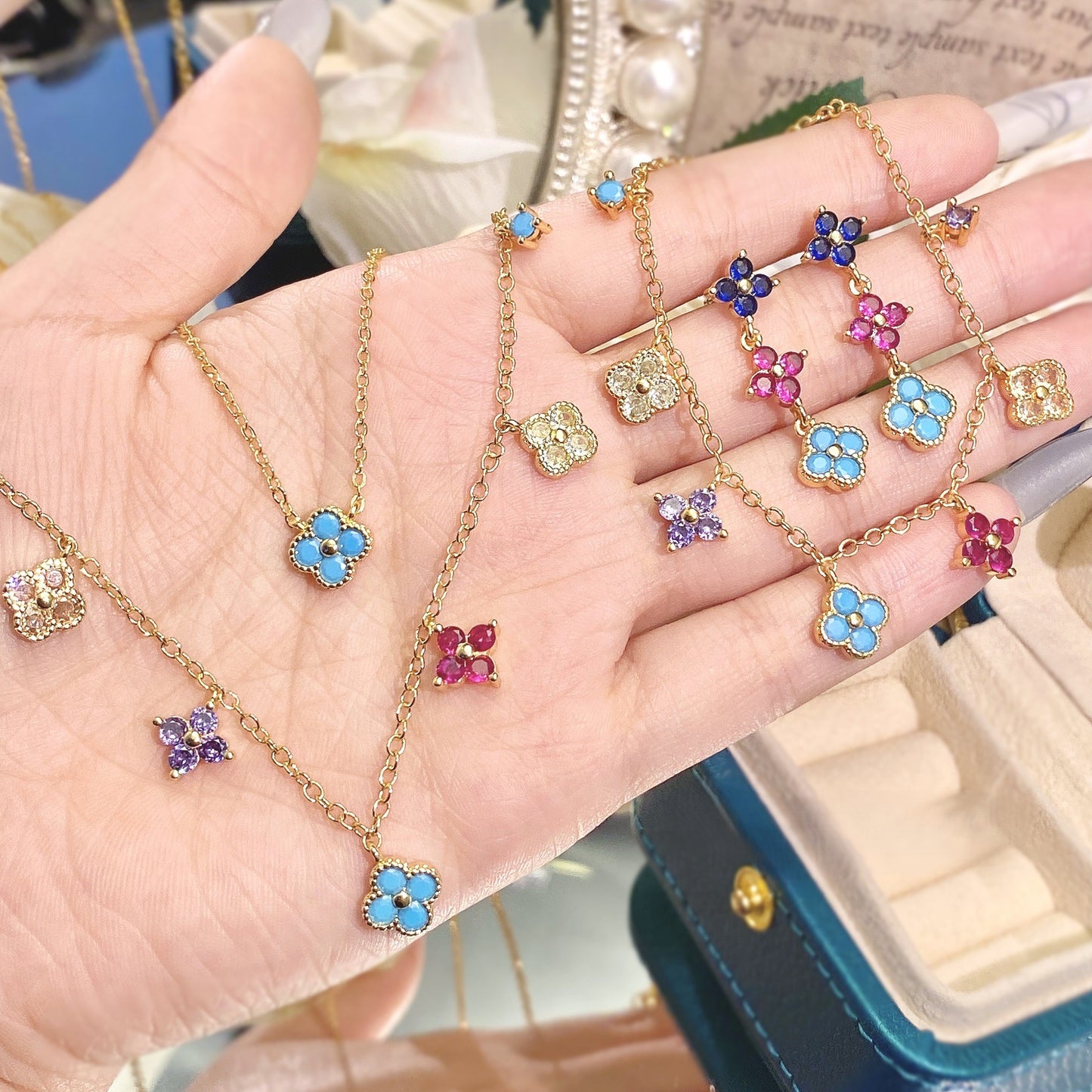 Colorful four-leaf clover studded necklace earrings bracelet