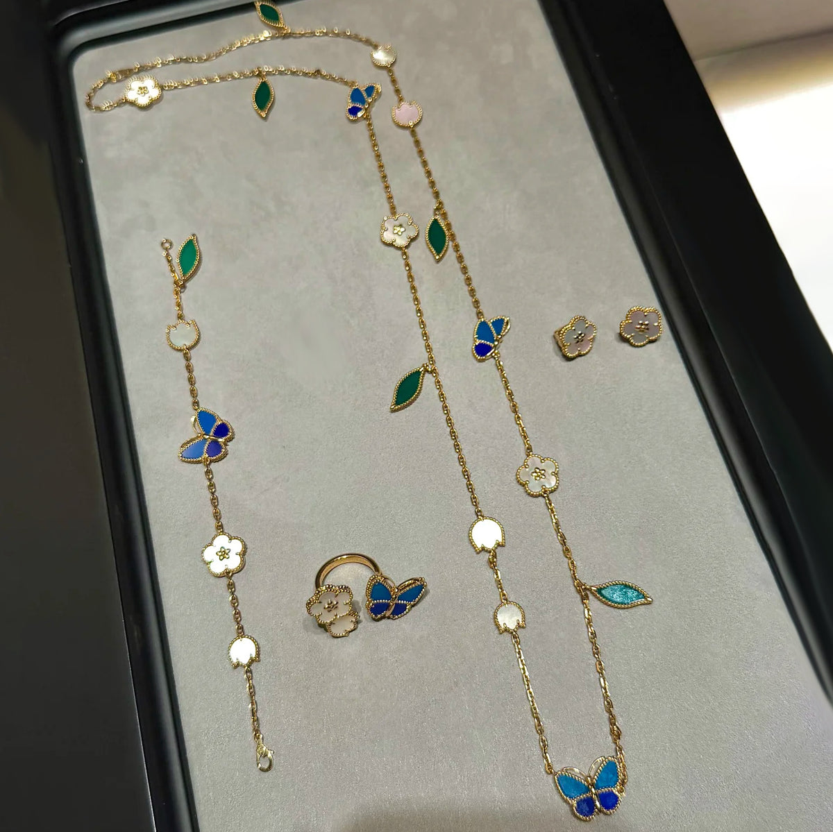 18K Gold Plated Blue Butterfly Five-Flower Bracelet, Necklace, Ring and Earrings, Mother Of Pearl With Green Leaf Charms