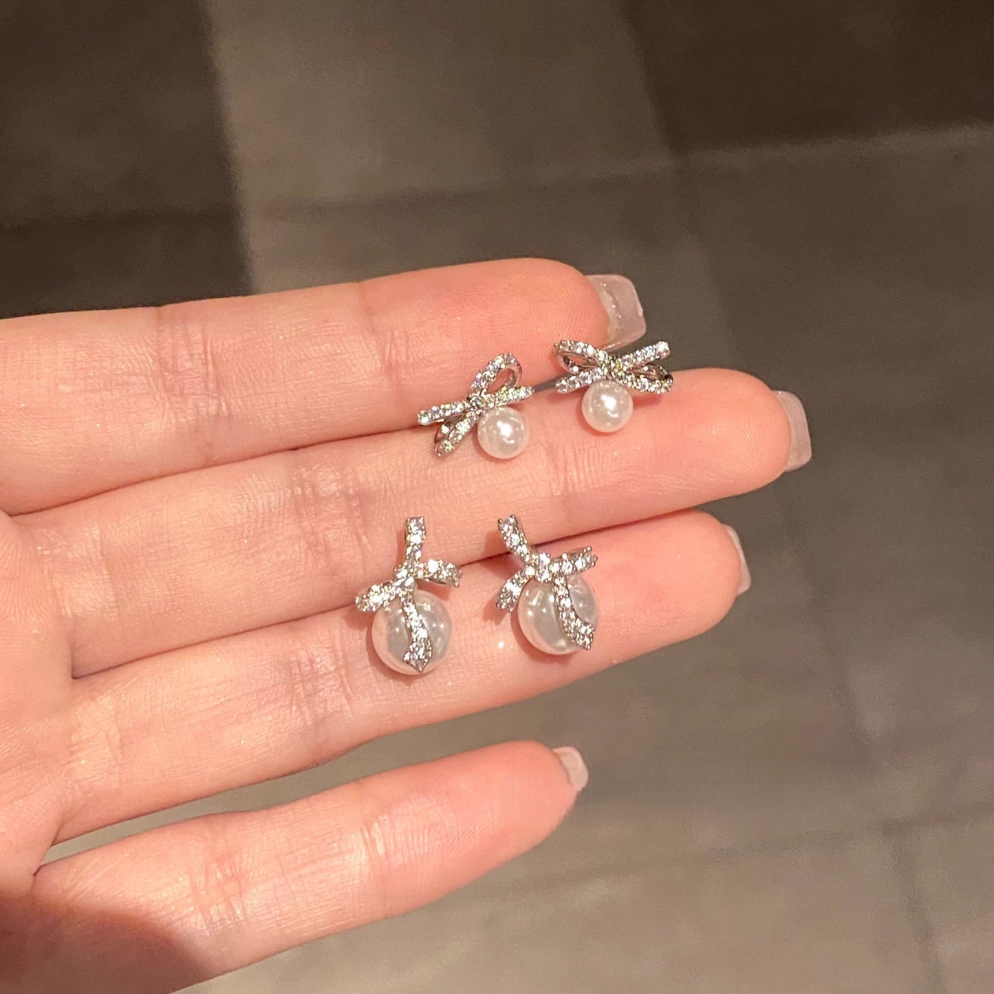 925 silver needle Pearl bow earrings inlaid with zircon